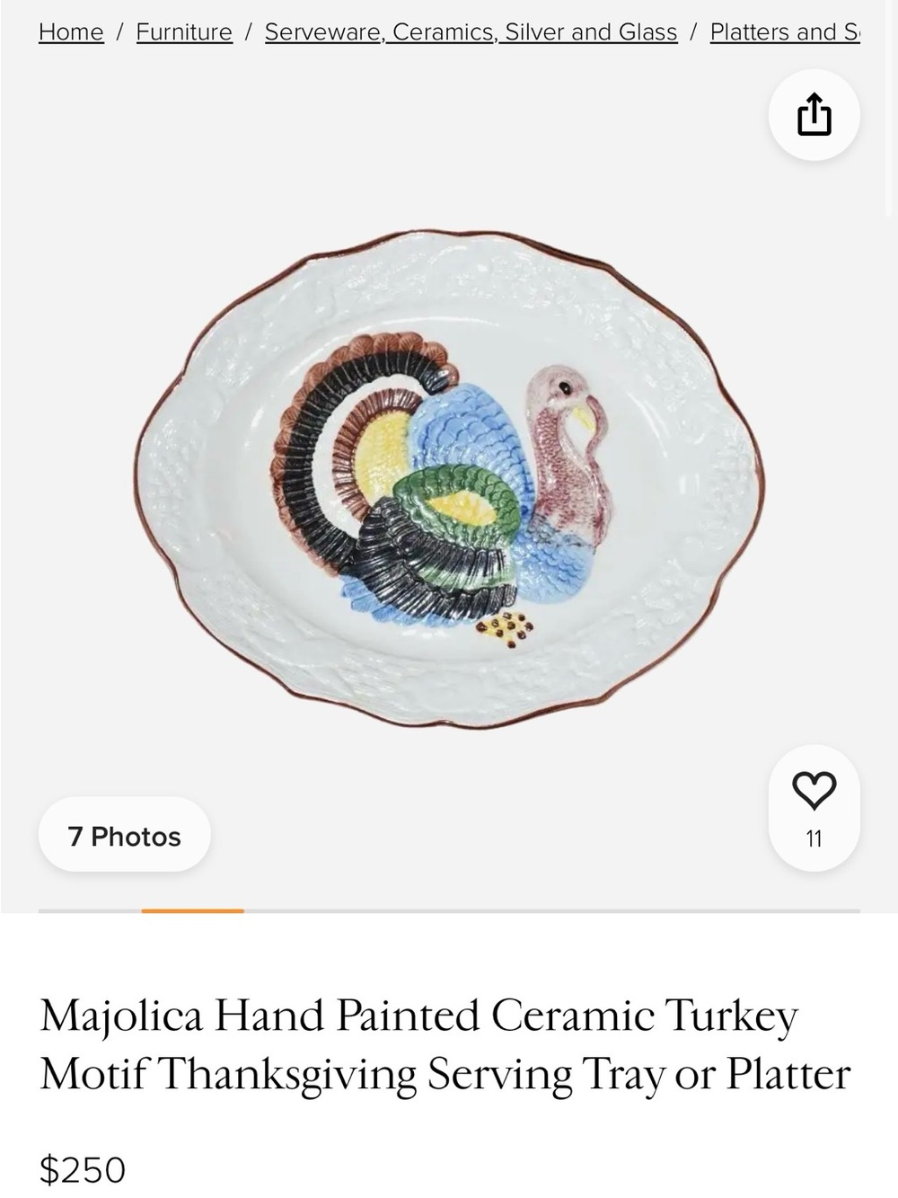 Hand-Painted Majolica Turkey Serving Platter - Multicolor